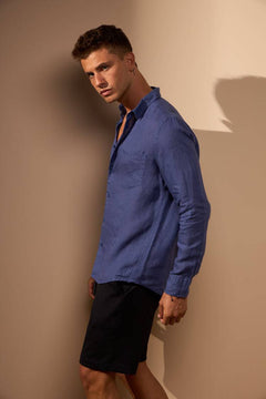 CAMISA GIBSON COM BOLSO MANGA LONGA 100% LINHO - AZUL ROYAL