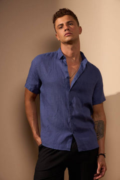 CAMISA GIBSON COM BOLSO 100% LINHO PURO - AZUL ROYAL