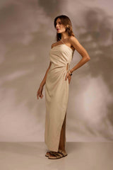 VESTIDO MIDI MARÉ LINHO - AREIA da Vörr Brasil | Vörr Brasil